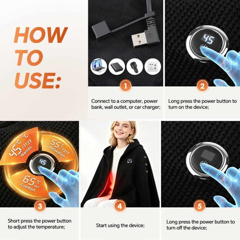 USB Graphene Heated Hooded Shawl Three-Speed Electric Wrap