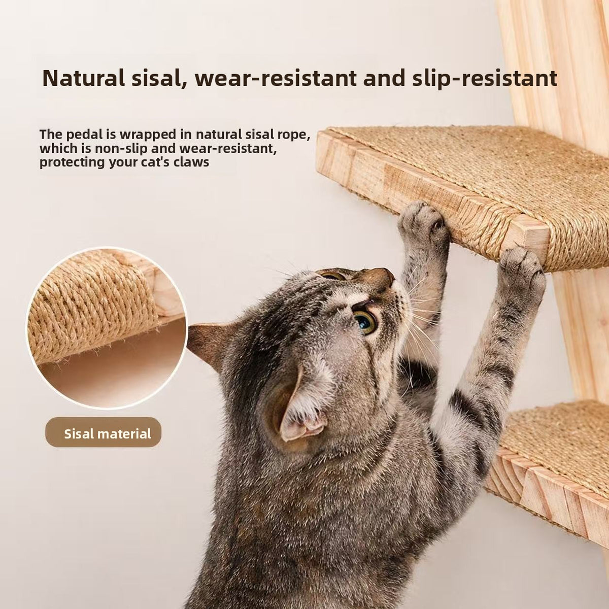Solid Wood Wall-Mounted Cat Climbing Frame with Sisal Scratching Post