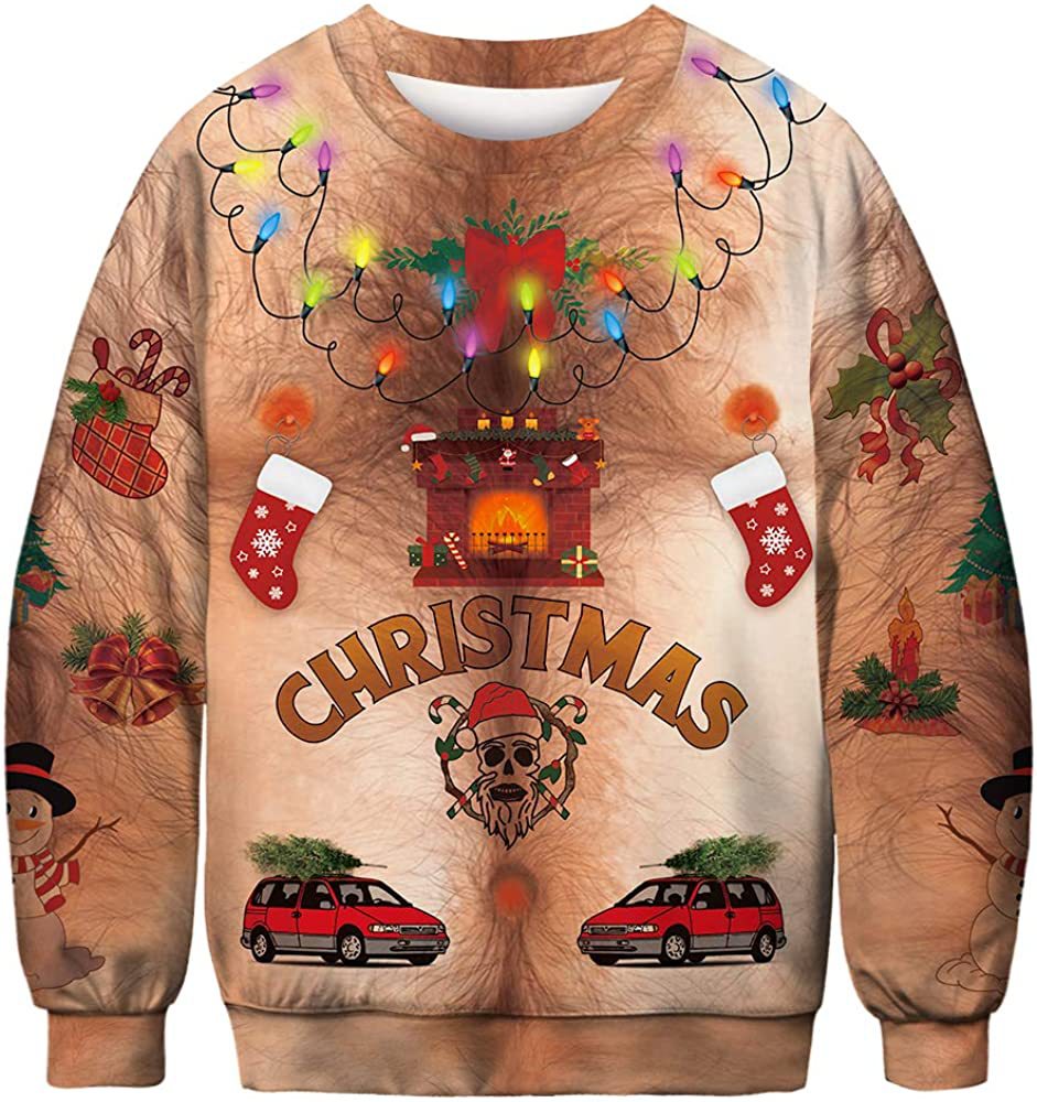 3D Printed Funny Chest Hair Couple Sweatshirt Long Sleeve Pullover Christmas Top