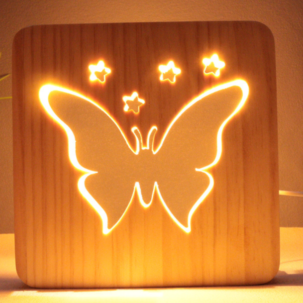 3D Wooden Hollow Carved LED Night Light USB Powered Warm Desk Lamp