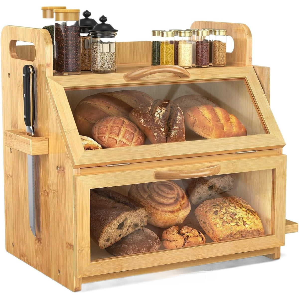 Double-Layer Wooden Bread Box with Glass Window Kitchen Cake Storage Organizer