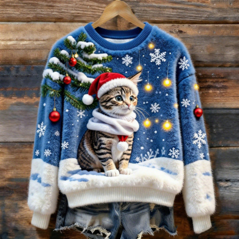 Womens 3D Printed Christmas Flannel Pullover Sweatshirt