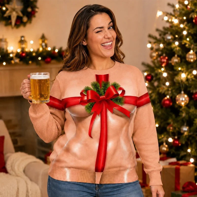Womens 3D Printed Christmas Sweater Pullover Fleece Knit Top