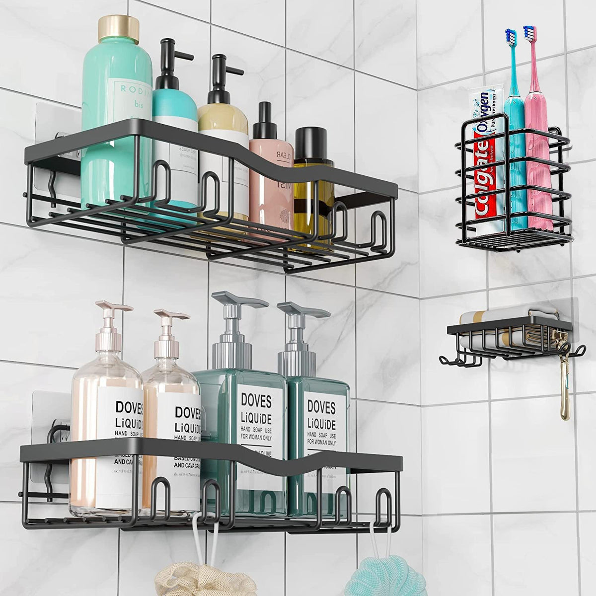 Iron Bathroom Storage Rack with No-Drill Mounting