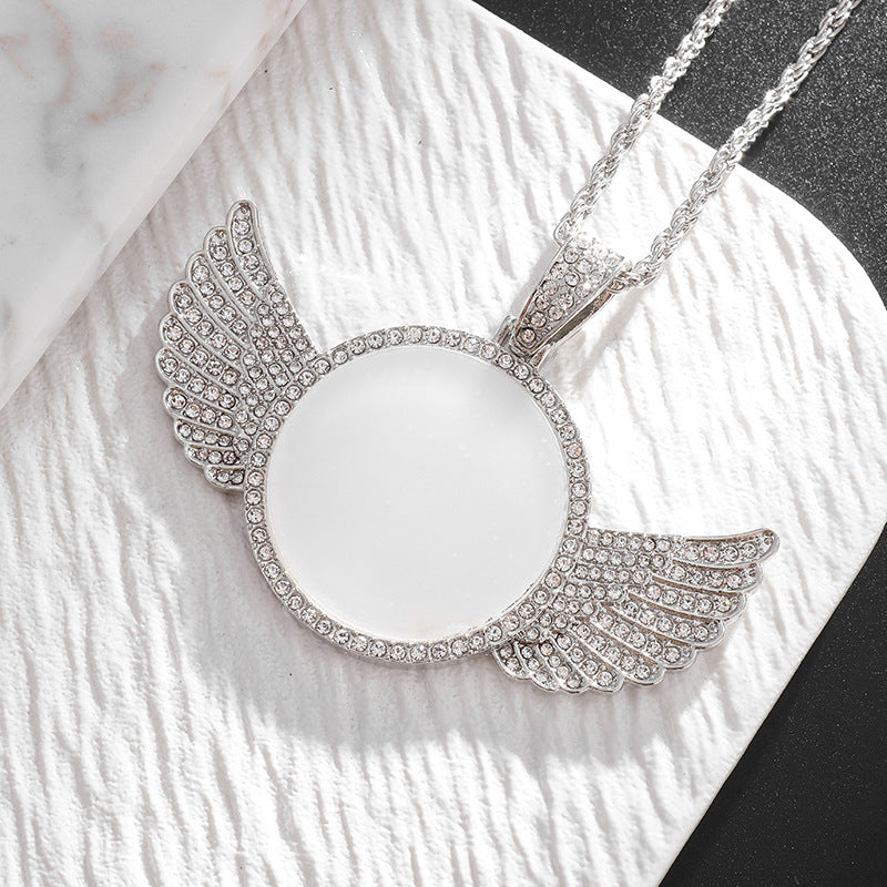 Round Wings Photo Frame Mirror Pendant Necklace