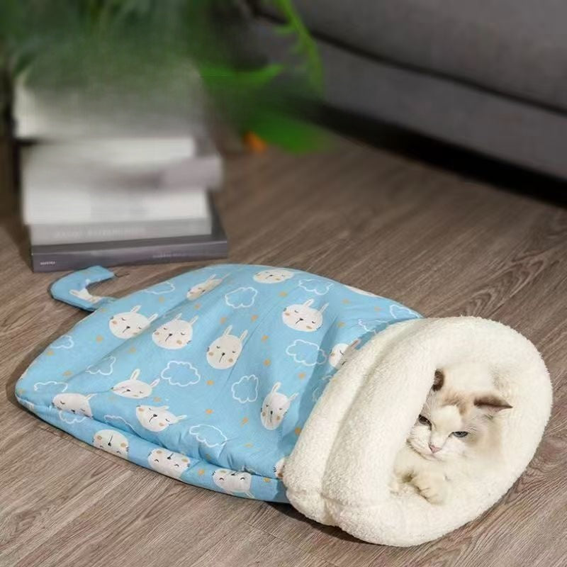 Plush Semi-Enclosed Warm Pet Sleeping Bag for Cats