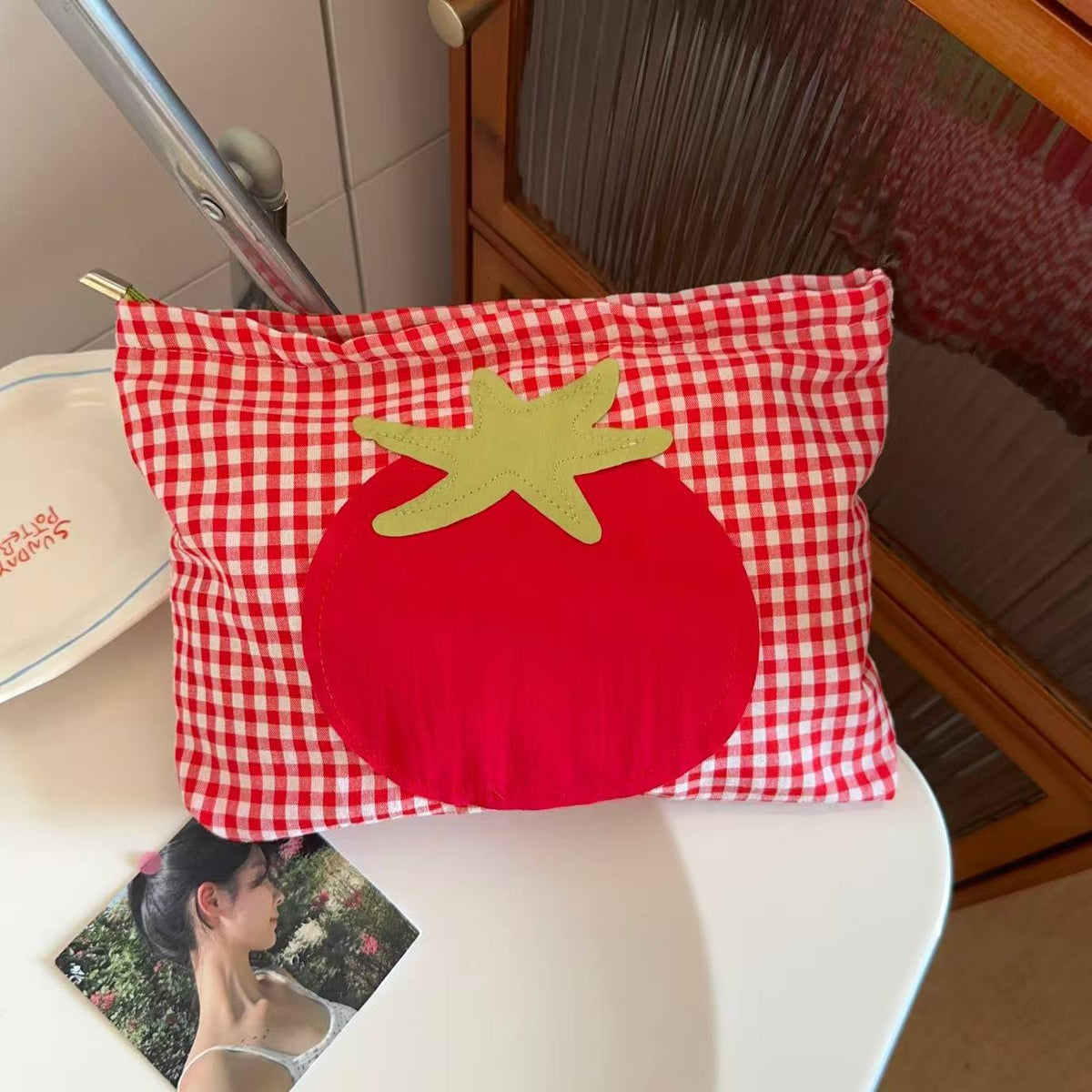 Cute Red Grid Tomato Cosmetic Bag Large Capacity Portable Hand Held Toiletry Bag