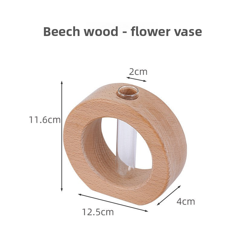 Japanese Style Solid Wood and Glass Hydroponic Flower Vase Desktop Home Decoration