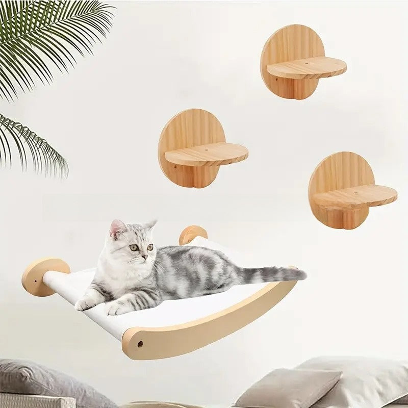 Wooden Wall Mounted Cat Hammock Climbing Ladder Shelf Set