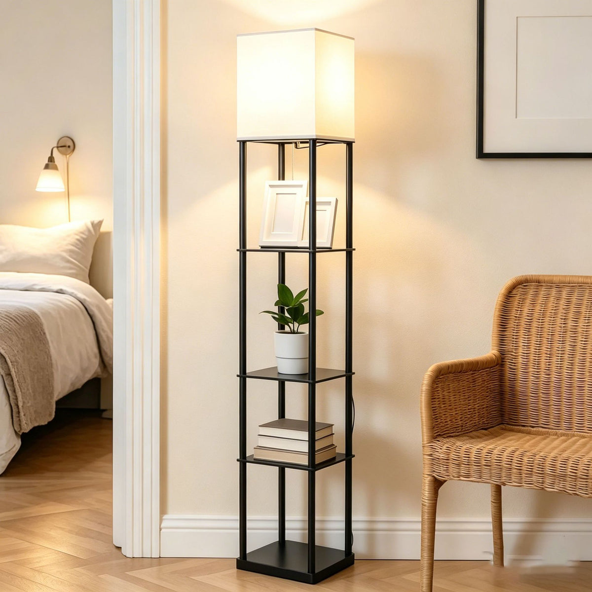 Bedroom ambient three-tier floor lamp with integrated storage shelf