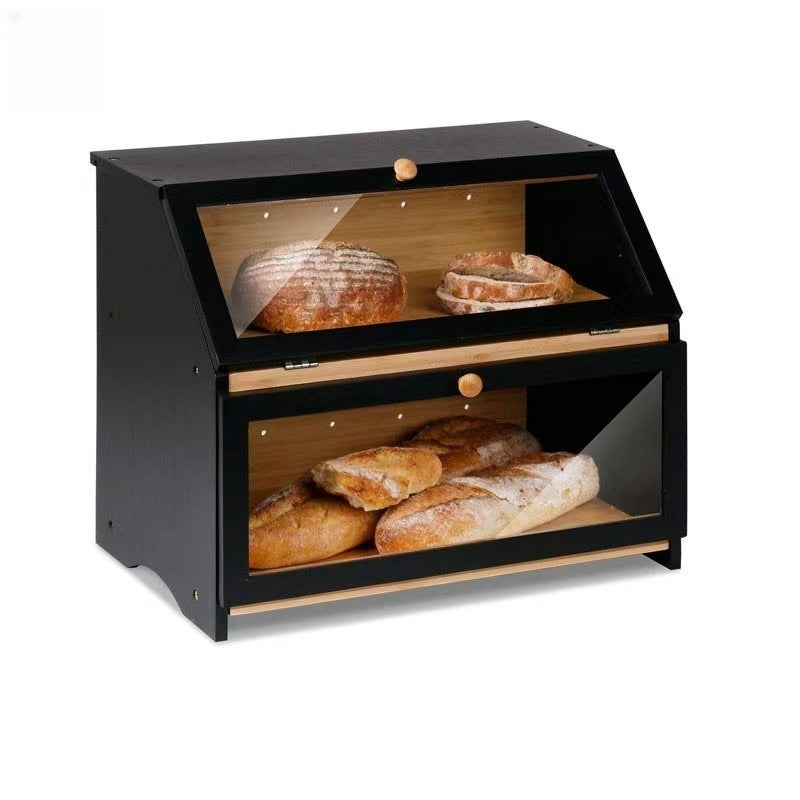 Double-Layer Wooden Bread Box with Glass Window Kitchen Cake Storage Organizer