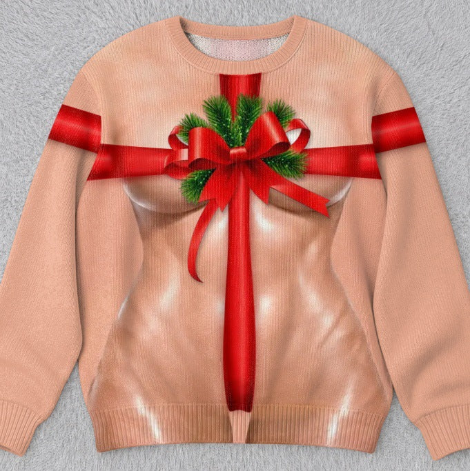 Womens 3D Printed Christmas Sweater Pullover Fleece Knit Top