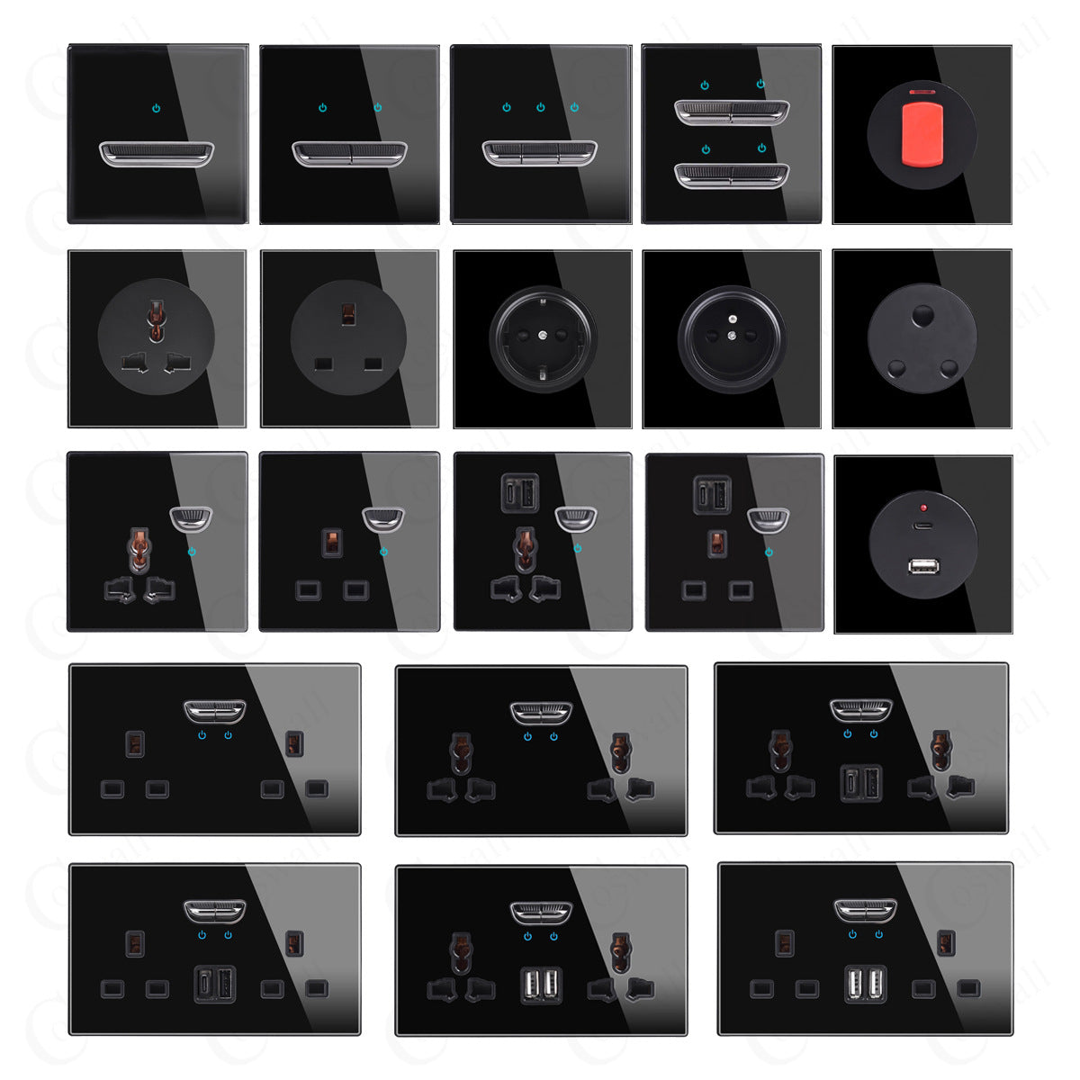Black Glass Panel Toggle Switch with LED Wall Socket Set