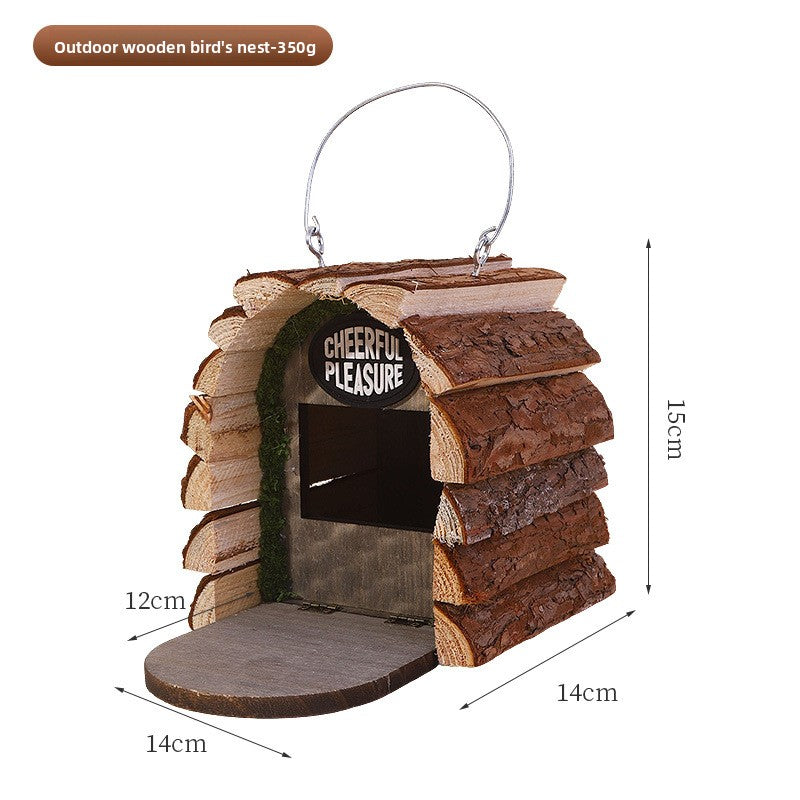 Wooden Bird House with Bark Garden Decoration