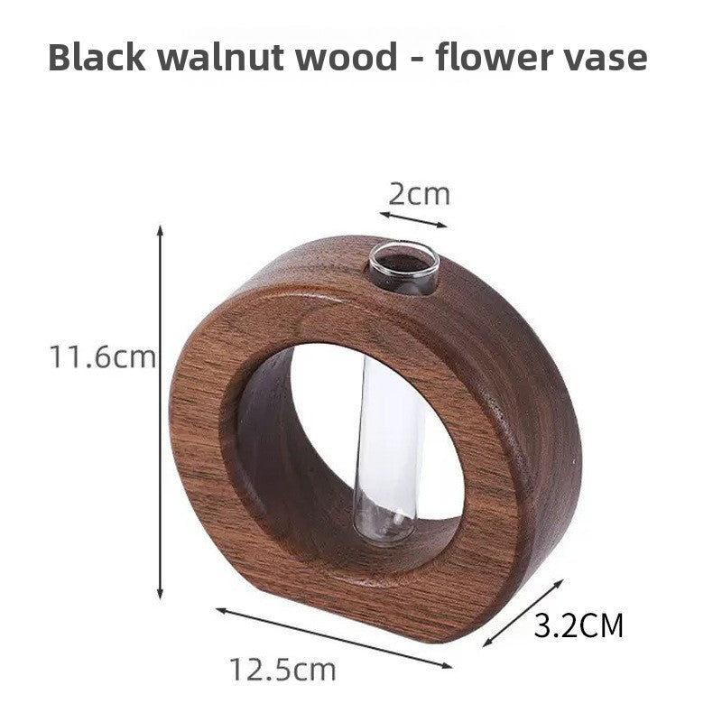 Japanese Style Solid Wood and Glass Hydroponic Flower Vase Desktop Home Decoration
