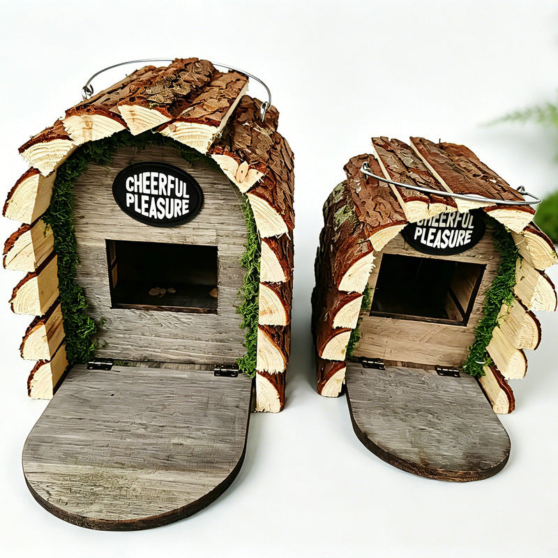 Wooden Bird House with Bark Garden Decoration