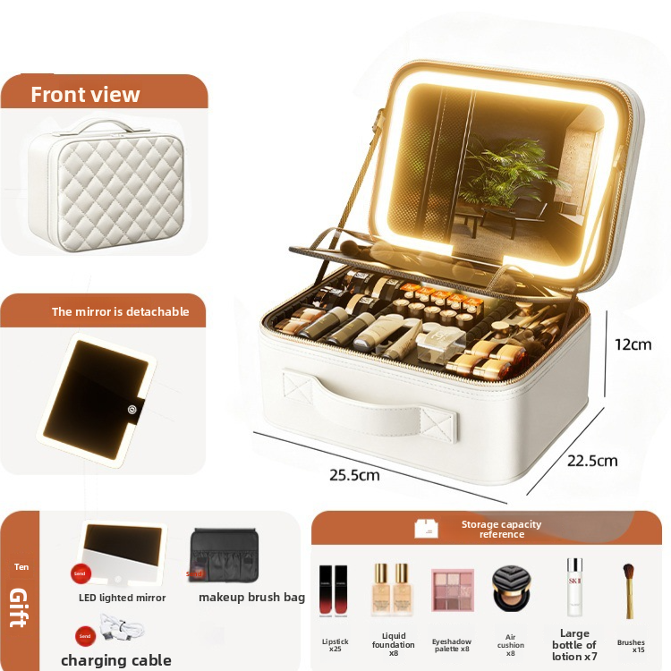 Portable LED Mirror Leather Makeup Case with Brush Set