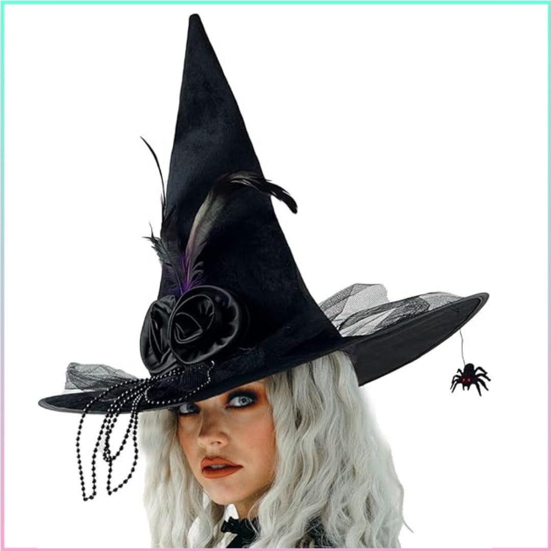 Velvet Witch Hat with Decorations for Halloween Party Costume Accessory