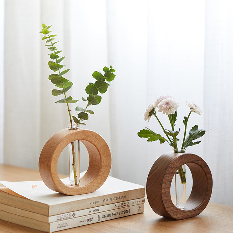 Japanese Style Solid Wood and Glass Hydroponic Flower Vase Desktop Home Decoration
