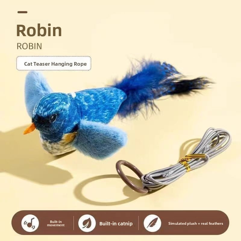 Cat toy that simulates a small bird and makes sounds