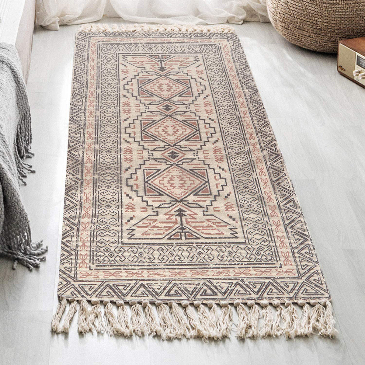 Woven Cotton and Linen Tassel Mat Bedroom Carpet Bathroom Mat