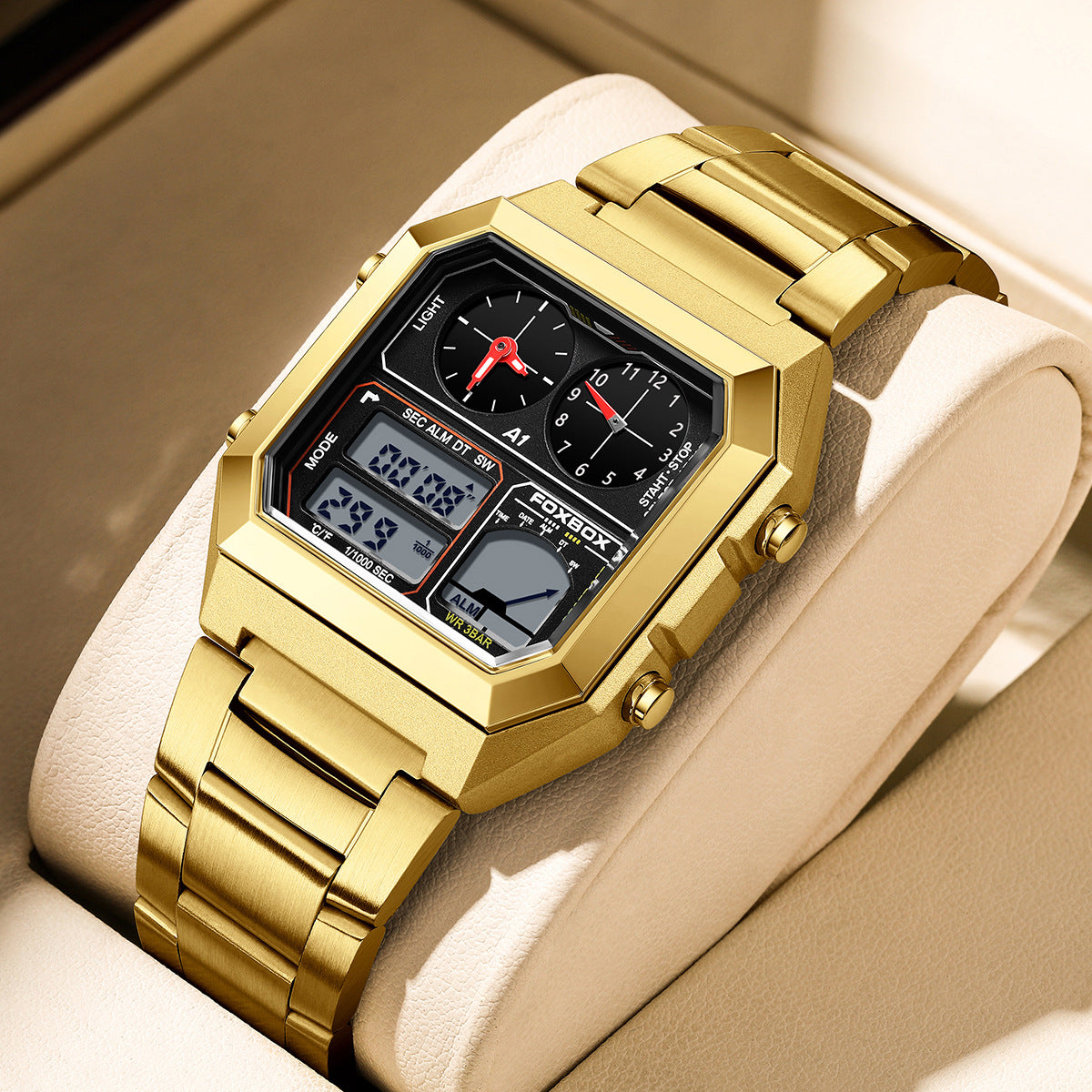 Square Men's Multifunction Digital Analog Stainless Steel Waterproof Watch