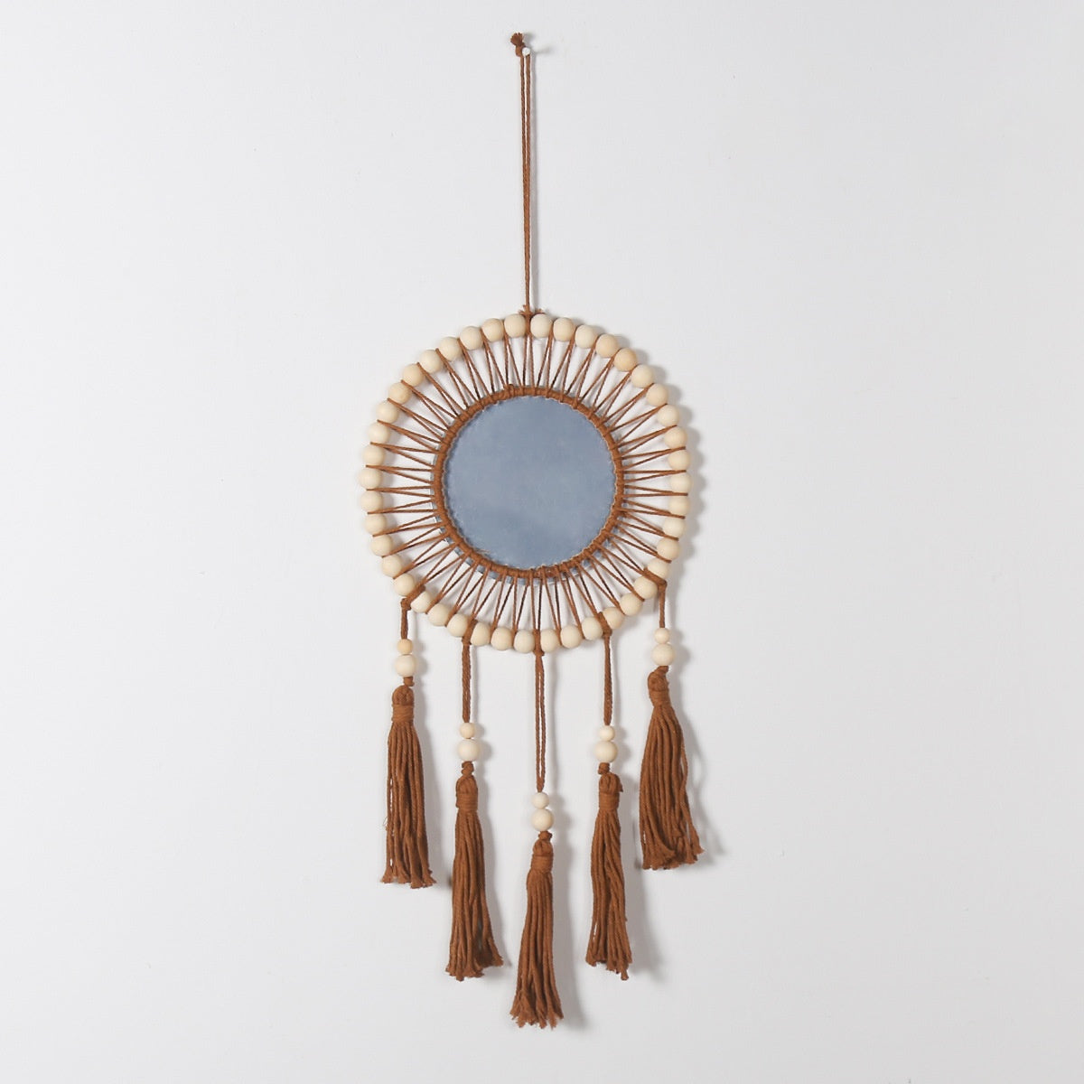 Bohemian Wooden Beads Cotton Rope Tassel Wall Mirror