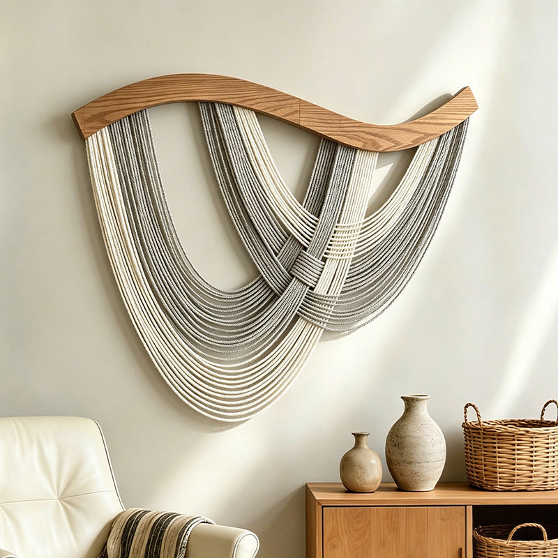 Handwoven Nordic Curved Wood Panel Wall Tapestry
