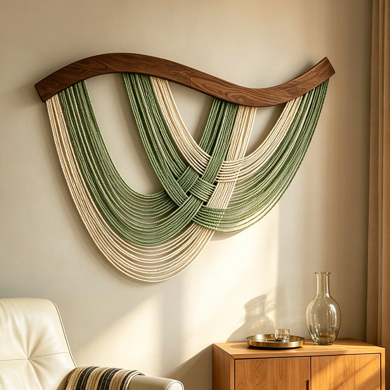 Handwoven Nordic Curved Wood Panel Wall Tapestry