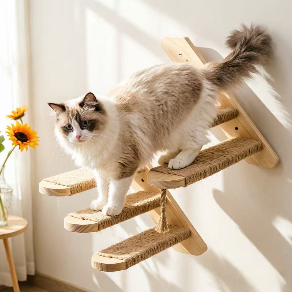 Solid Wood Wall-Mounted Cat Climbing Frame with Sisal Scratching Post