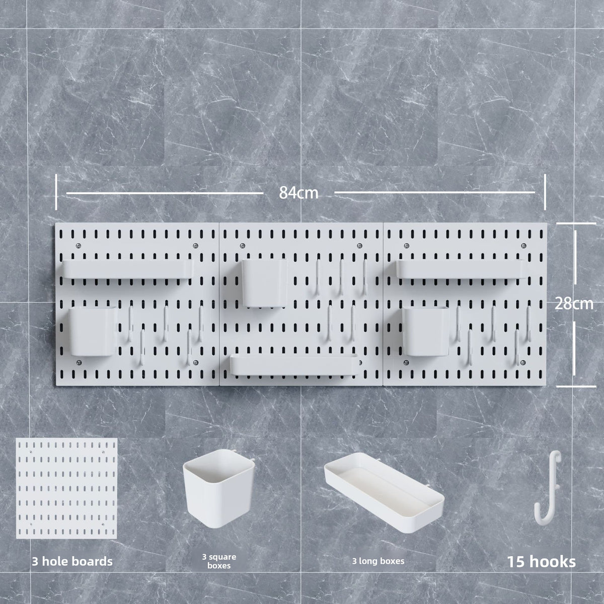 Modular Perforated Wall Storage Organizer with Hooks and Boxes