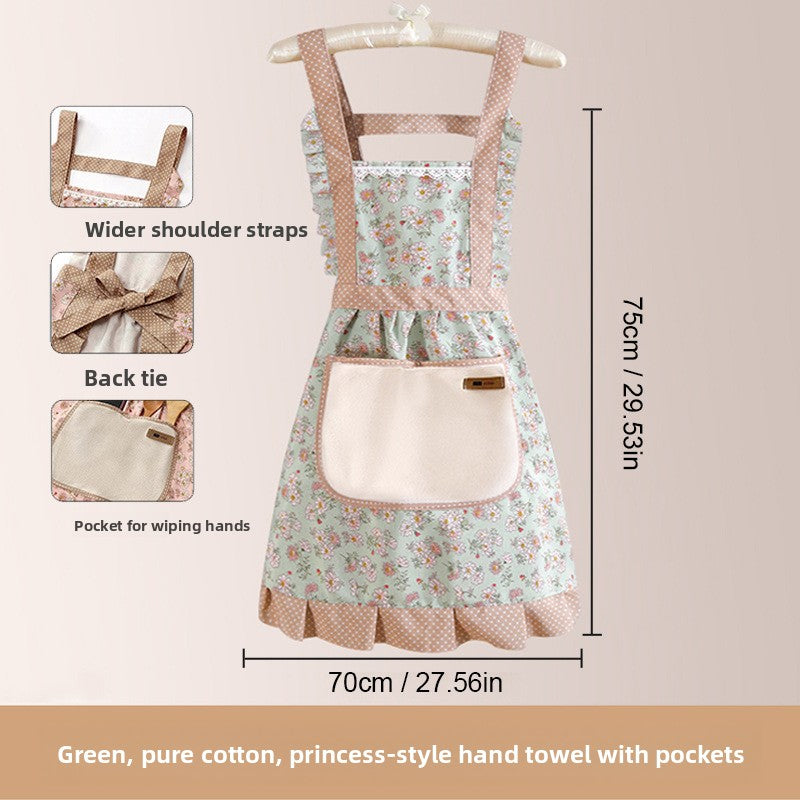 Women's Breathable Canvas Kitchen Apron Floral Print Waterproof with Pocket