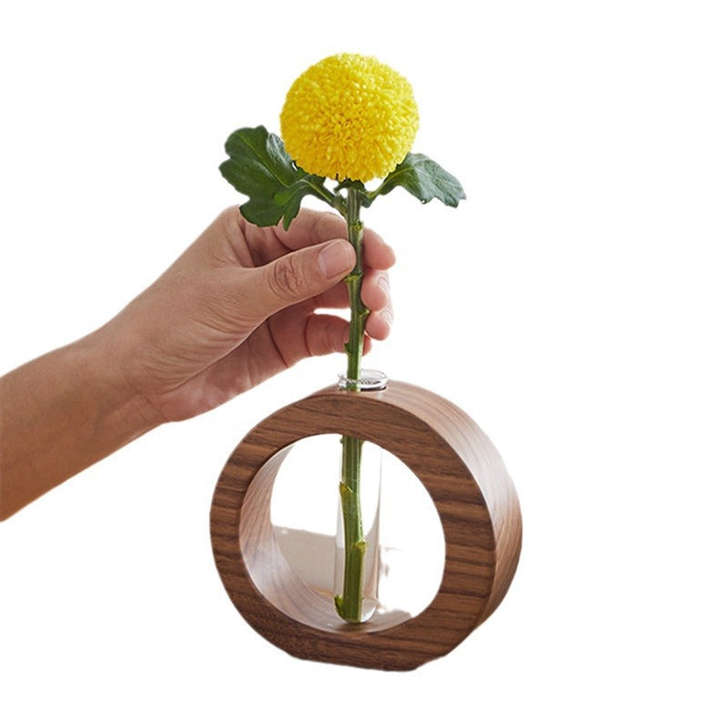 Japanese Style Solid Wood and Glass Hydroponic Flower Vase Desktop Home Decoration