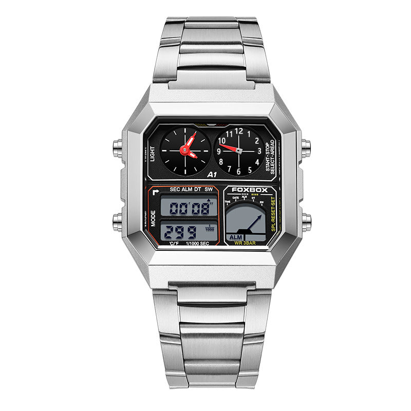 Square Men's Multifunction Digital Analog Stainless Steel Waterproof Watch