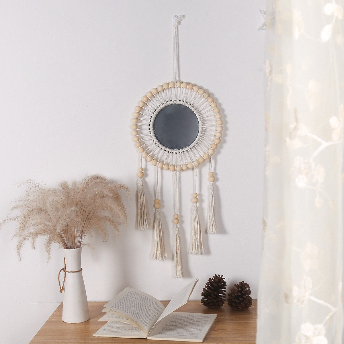 Bohemian Wooden Beads Cotton Rope Tassel Wall Mirror