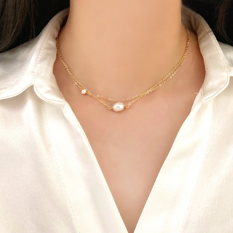 Stainless Steel Double-Layer Irregular Freshwater Pearl Clavicle Chain Necklace