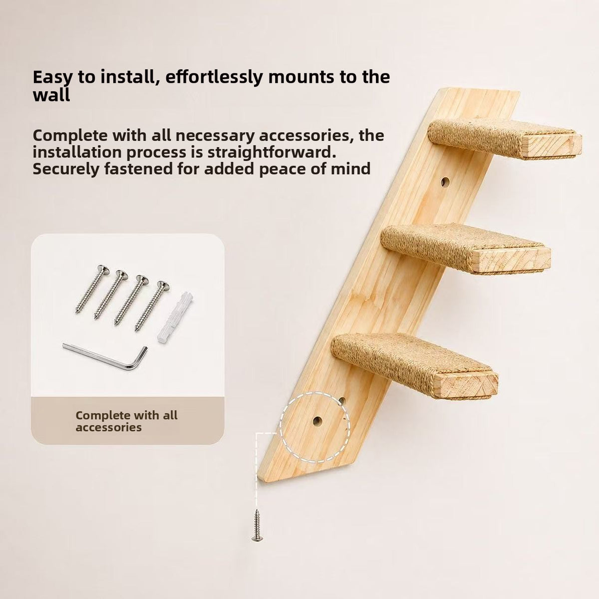 Solid Wood Wall-Mounted Cat Climbing Frame with Sisal Scratching Post