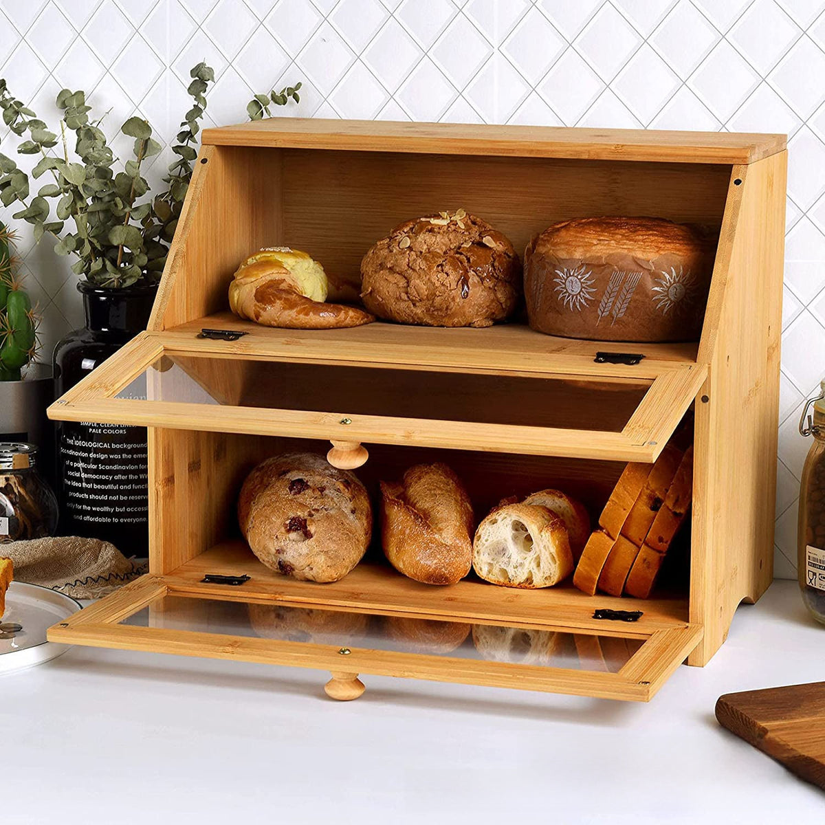 Double-Layer Wooden Bread Box with Glass Window Kitchen Cake Storage Organizer