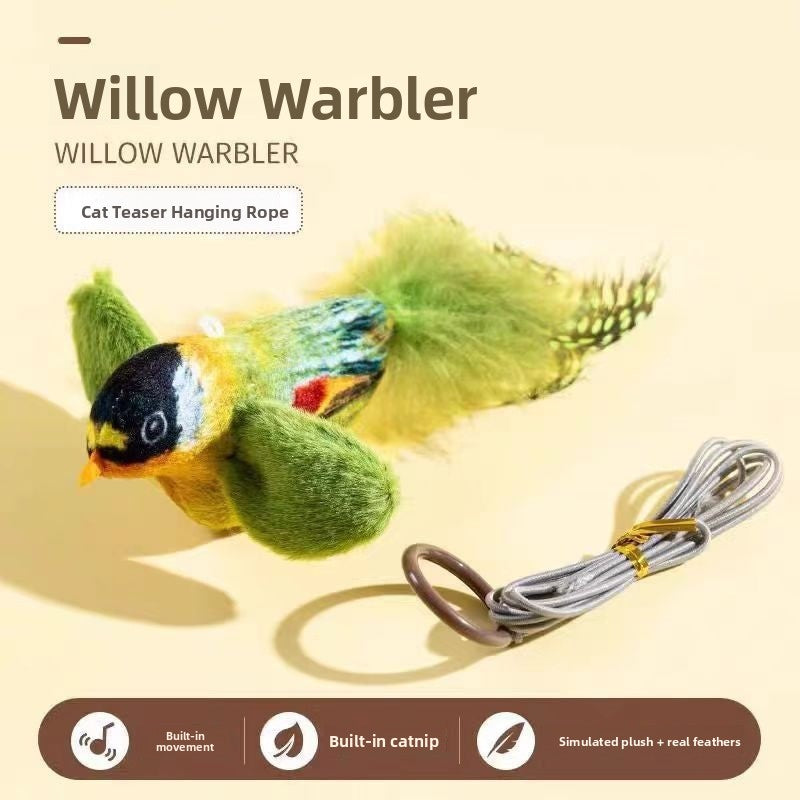 Cat toy that simulates a small bird and makes sounds