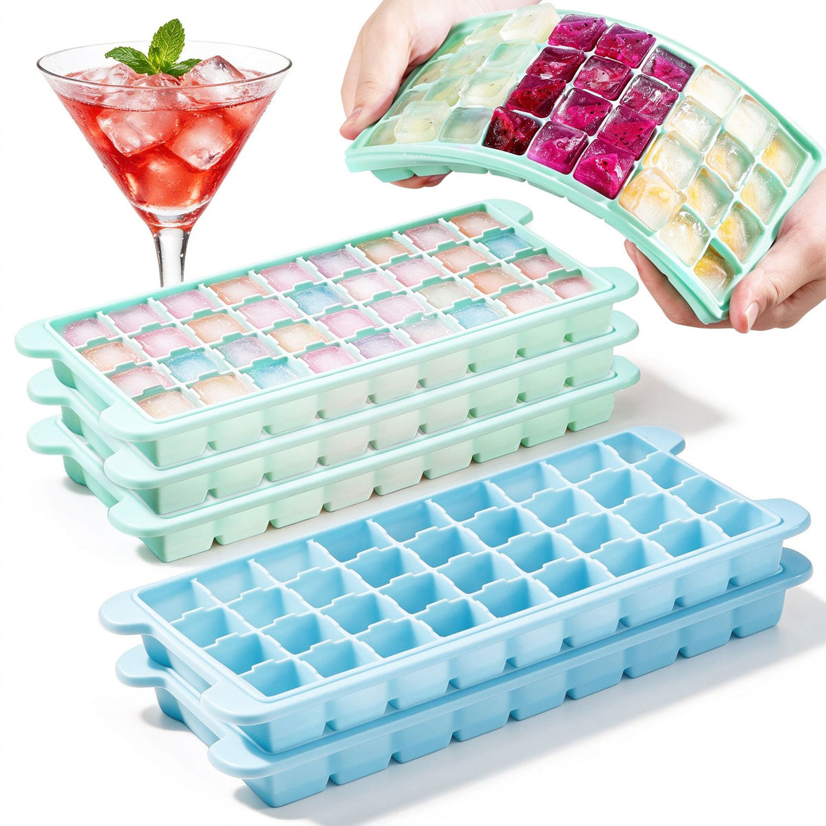 Food Grade Silicone Ice Cube Mold with Lid, Flexible Quick-Freeze Ice Tray, Easy-Release Design
