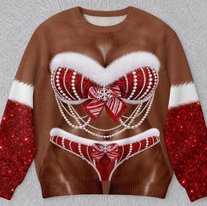 Womens 3D Printed Christmas Sweater Pullover Fleece Knit Top