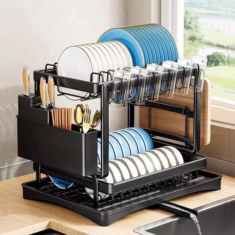 Double Layer Dish Drainer Rack with Utensil Holder