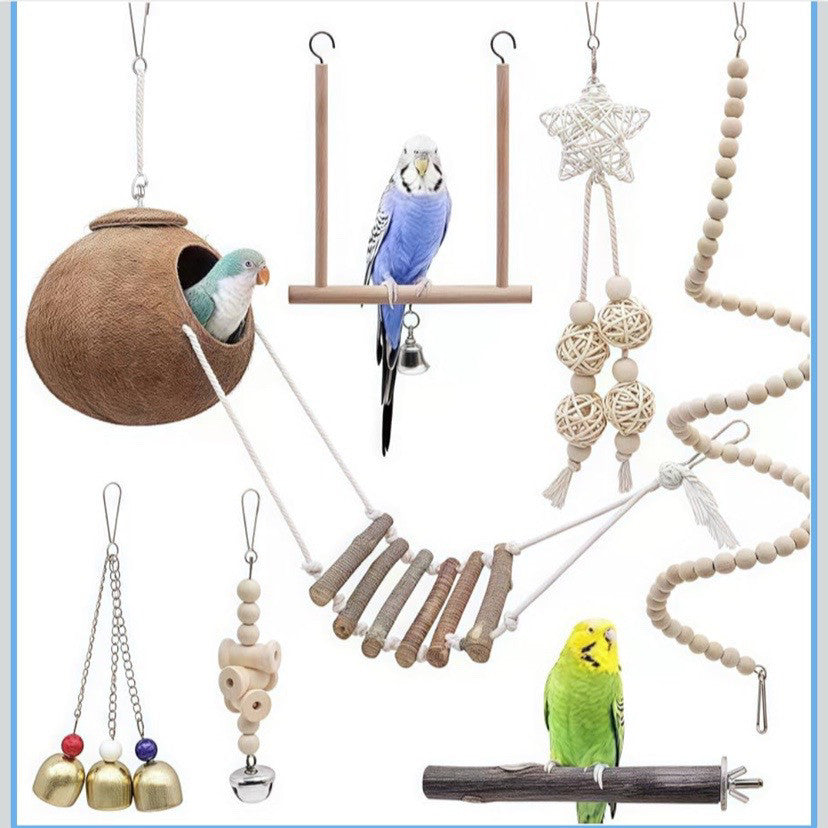 Wooden Bird Toy Set with Stairs and Swing