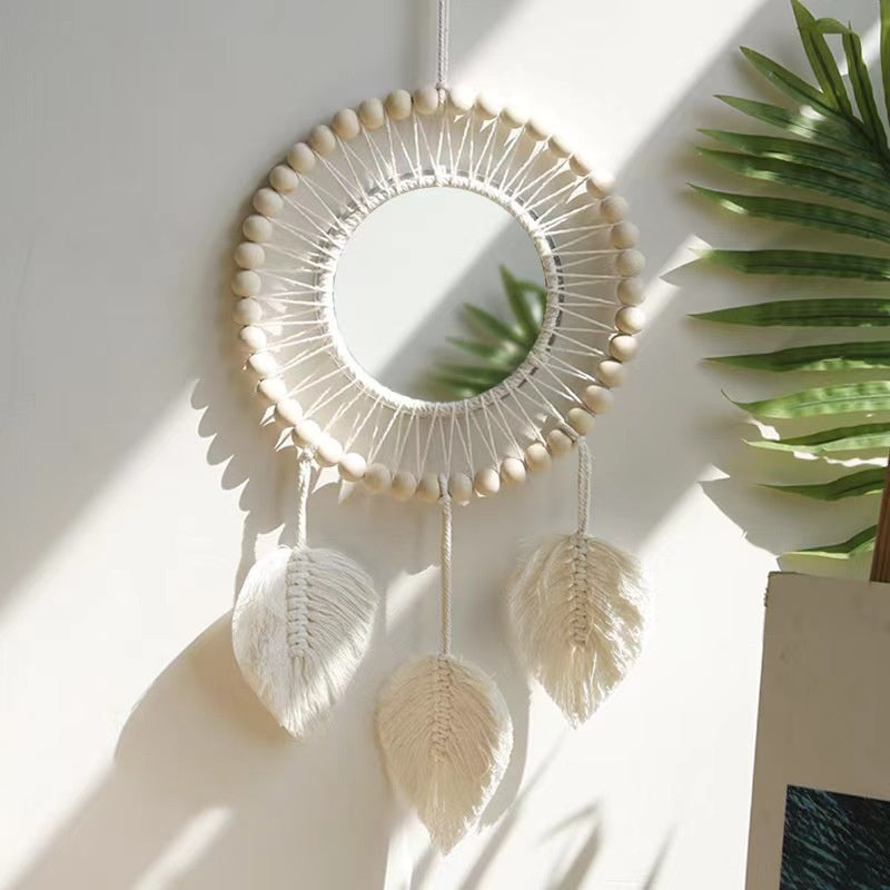 Bohemian Wooden Beads Cotton Rope Tassel Wall Mirror
