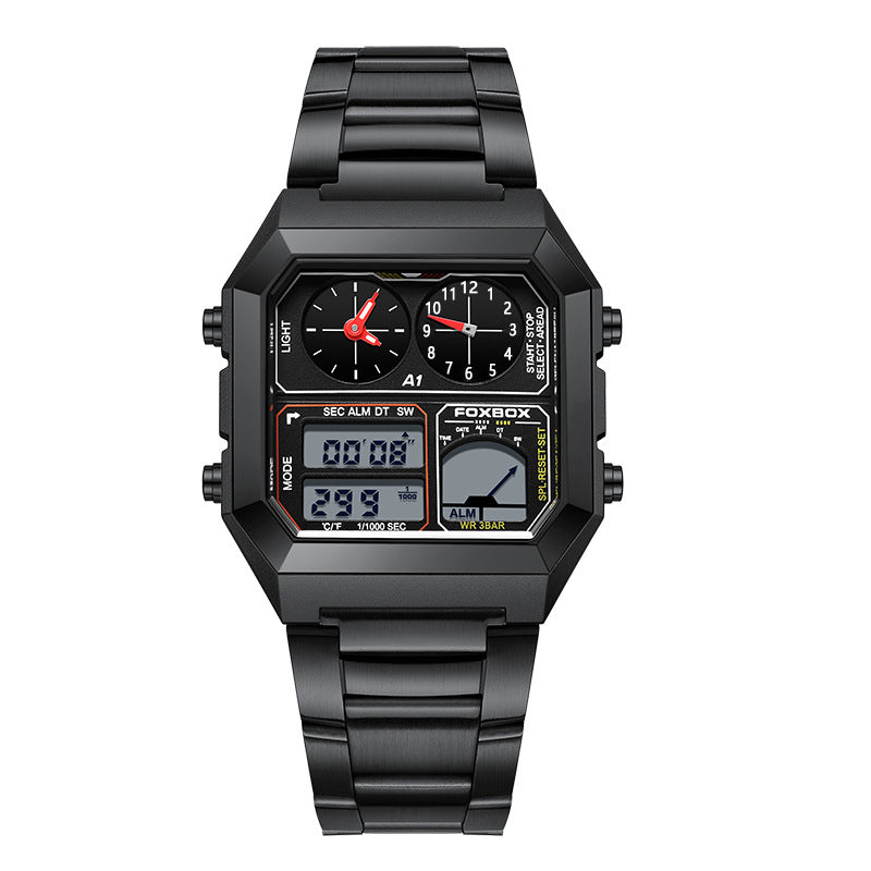 Square Men's Multifunction Digital Analog Stainless Steel Waterproof Watch