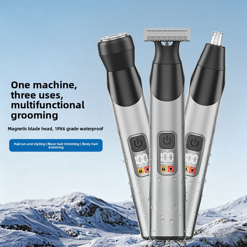 Magnetic 3-in-1 Electric Shaver Set with Nose Trimmer, Waterproof USB Rechargeable Rotary Razor