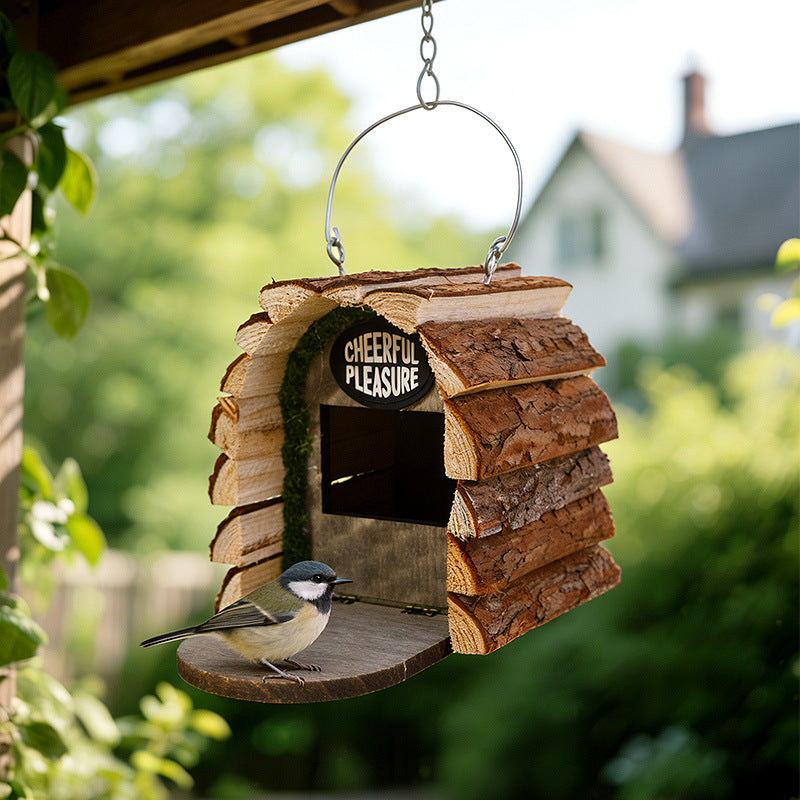 Wooden Bird House with Bark Garden Decoration