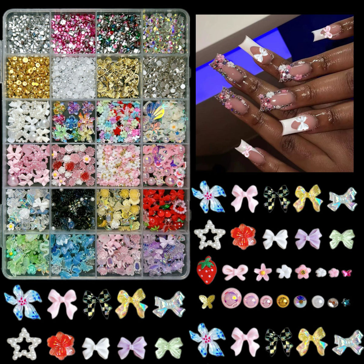 24-Grid Artificial Lily Flower Nail Art Decorations DIY Kit