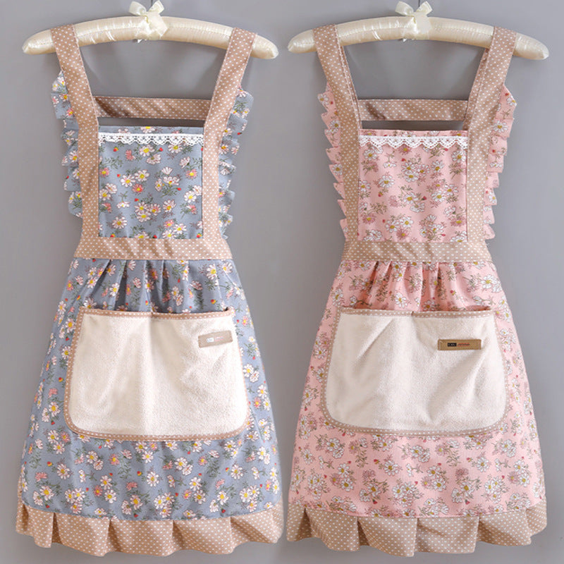 Women's Breathable Canvas Kitchen Apron Floral Print Waterproof with Pocket
