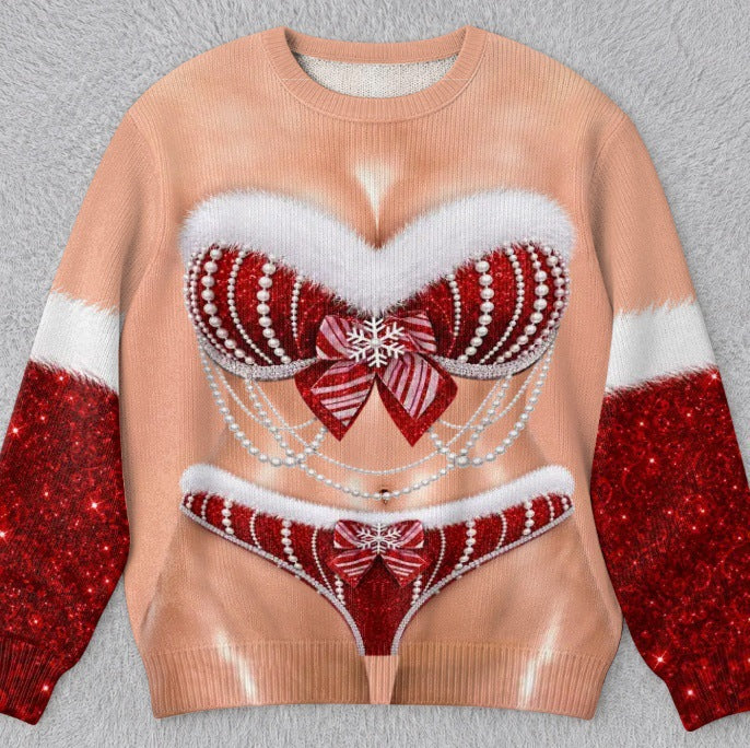 Womens 3D Printed Christmas Sweater Pullover Fleece Knit Top